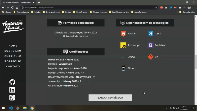 Gif demonstrando o efeito hover dos elementos da página