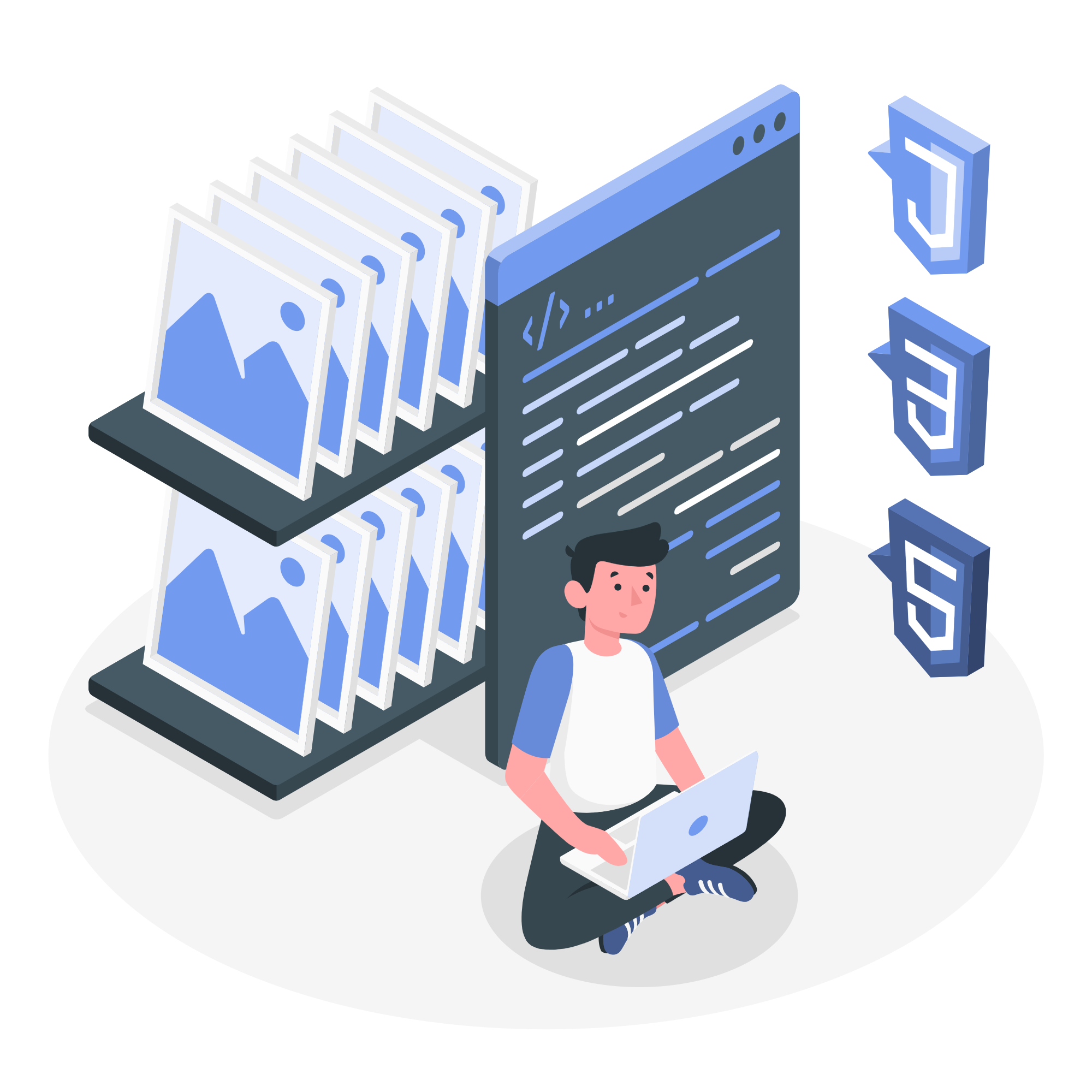 ilustração de rapaz sentado com notebook e projetando um site e algumas telas atrás dele