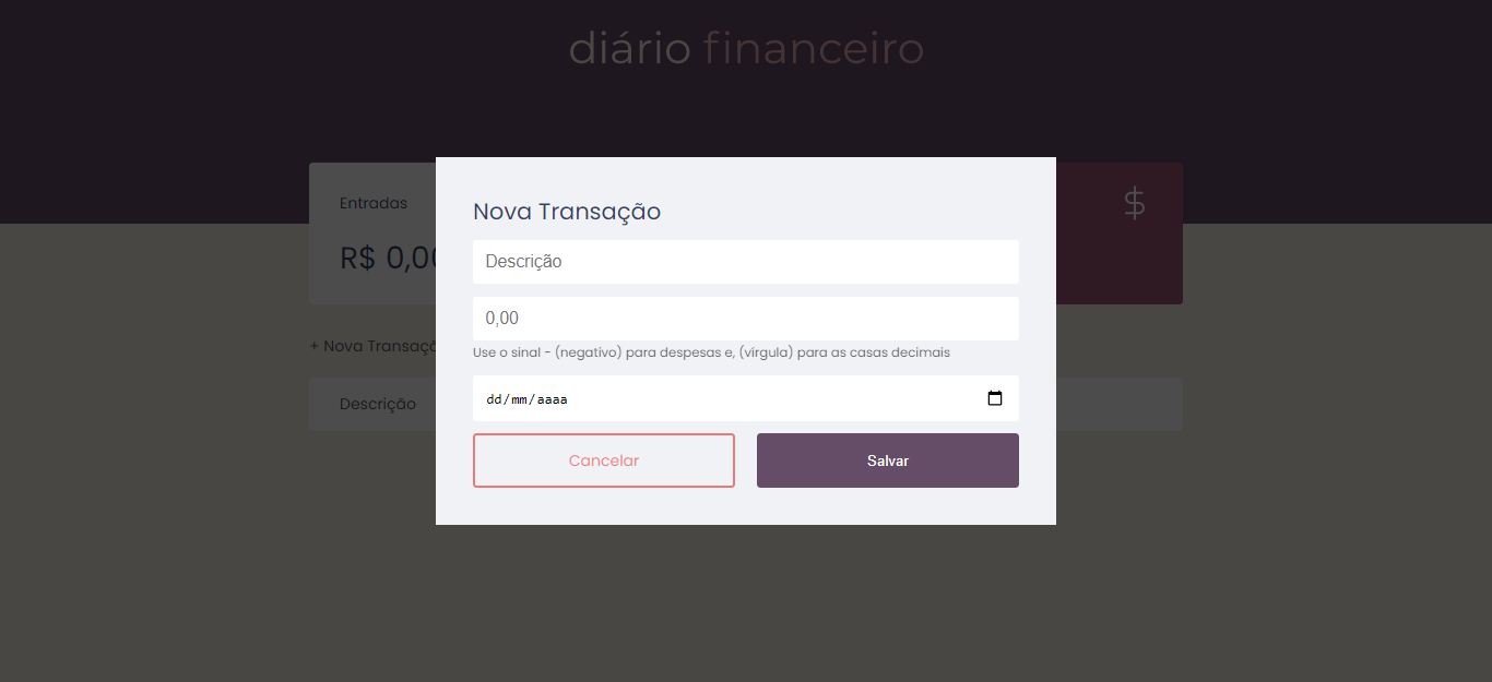 Print do modal de inserir os dados